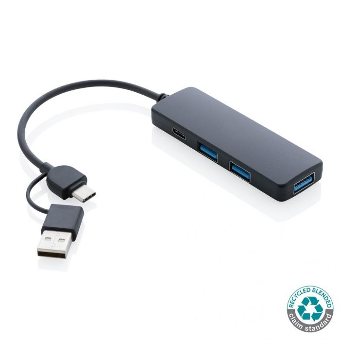 RCS gerecyclede plastic USB-hub met dual input, zwart - 1